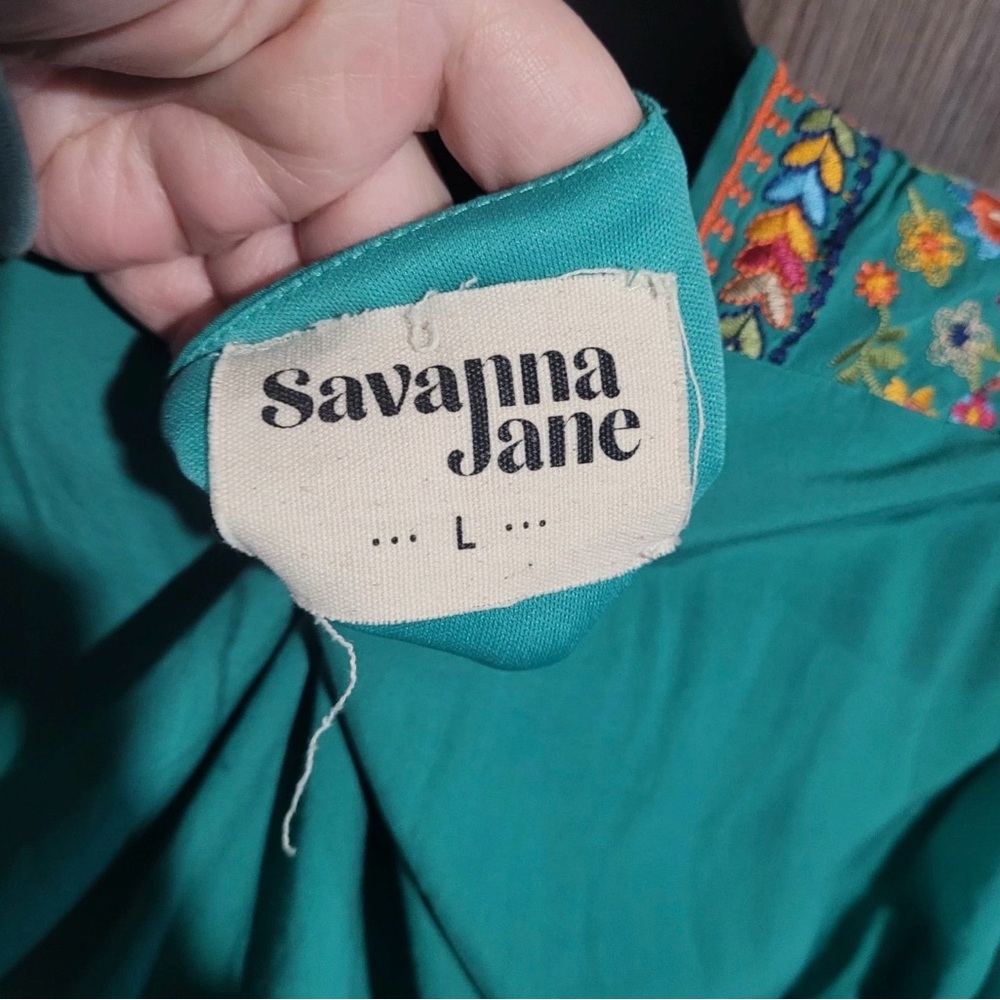 Savanna Jane Teal Embroidered V-Neck Mini Dress Lined Size L - Picture 7 of 9
